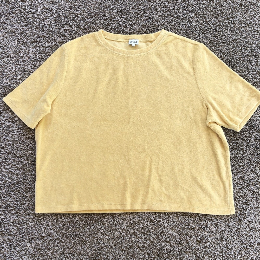 Kule Terry Cloth Shirt Womens Large Yellow Crewneck Short Sleeve Relaxed Top EUC